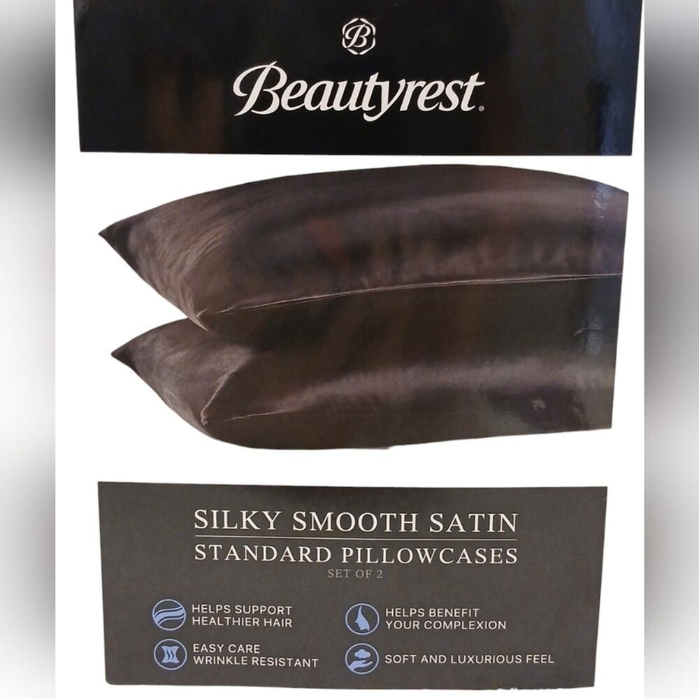 2 Pc Beautyrest STANDARD Satin Pillowcases BLACK Silky Therapeutic Hair Skin NEW